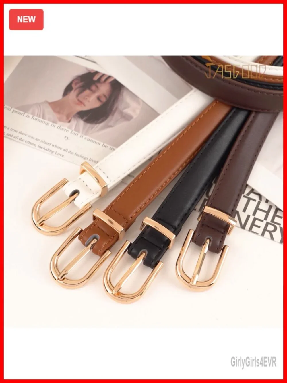 2 Pack Women's Skinny Faux Leather Belt with Gold/Silver Buckle, Adjustable